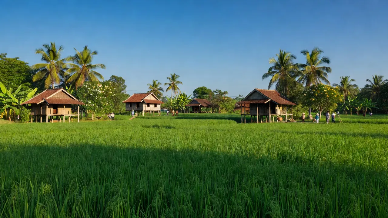Phong cảnh xã Tân Phước, huyện Tân Hồng, tỉnh Đồng Tháp với cánh đồng lúa và nhà truyền thống.