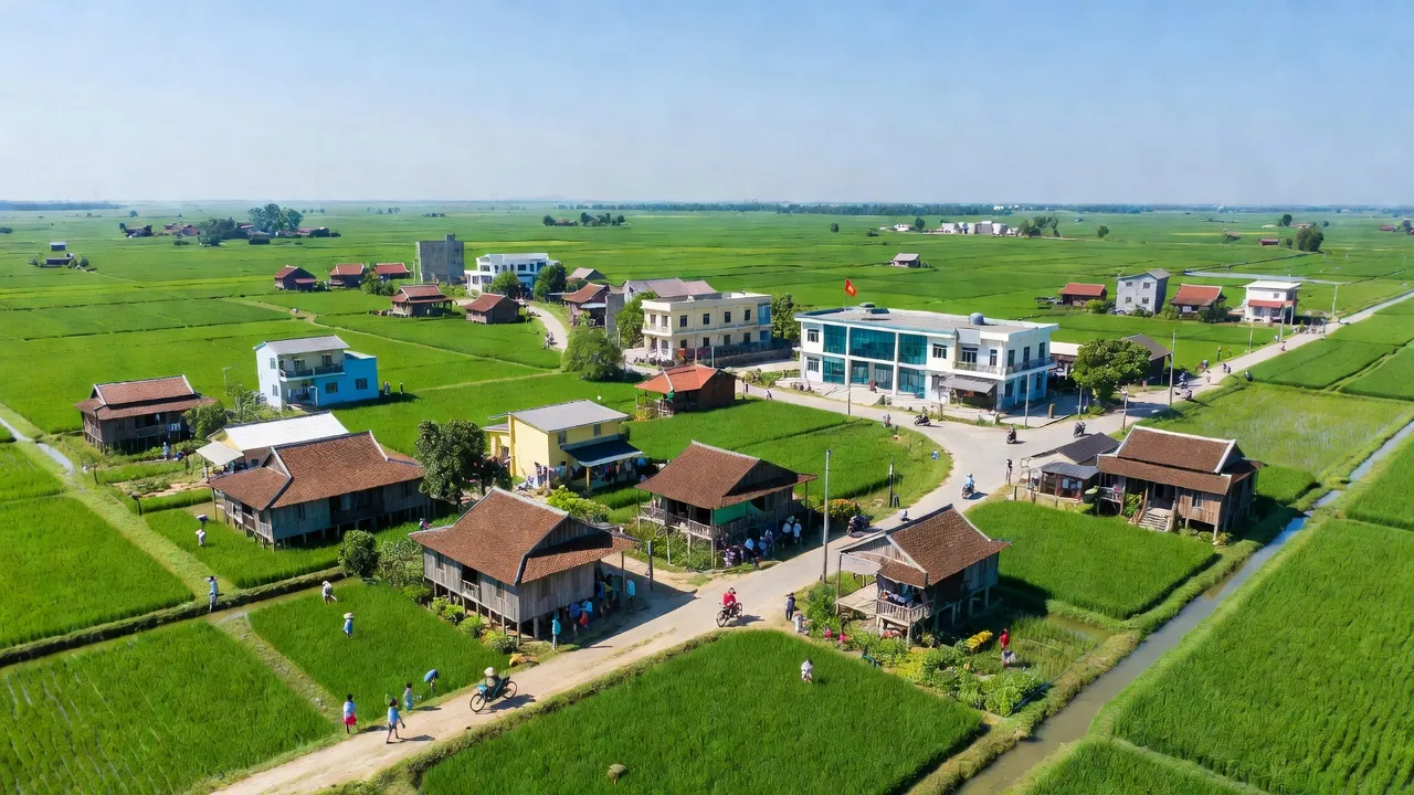 Tân Thành A, Tân Hồng, Đồng Tháp with green rice fields and vibrant community under sunny skies.