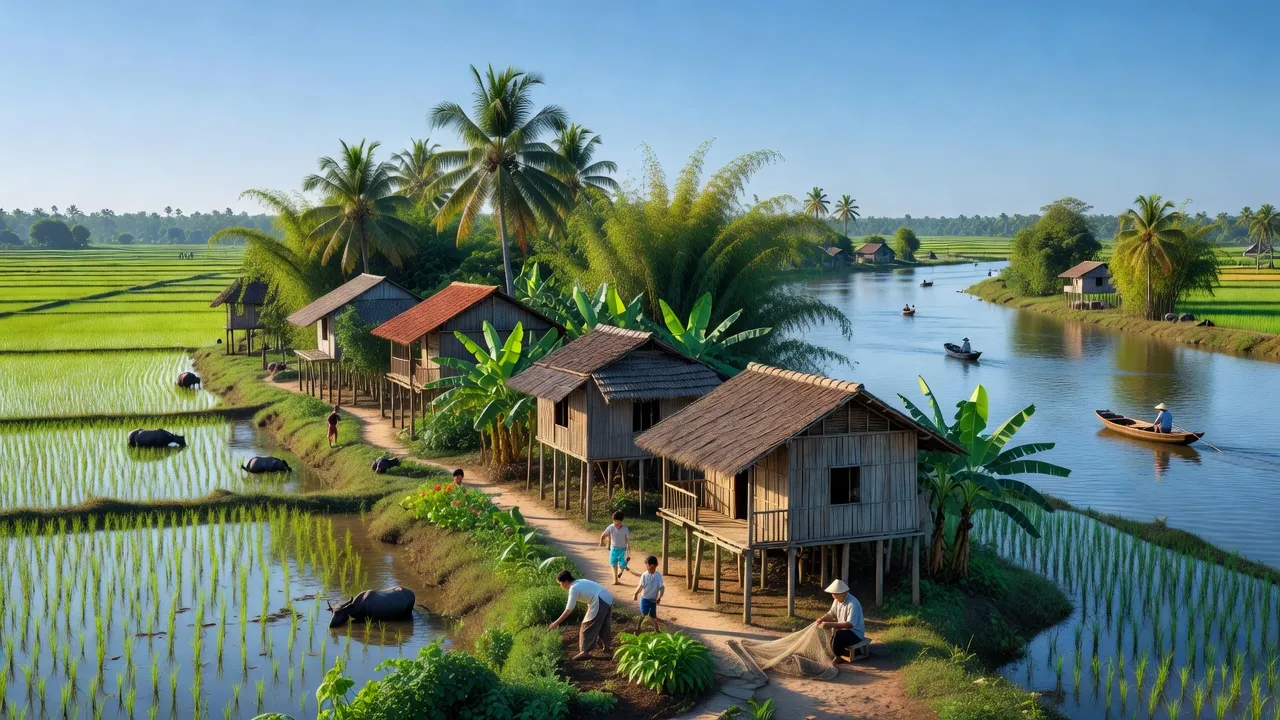 Cảnh đẹp huyện Thanh Bình, Đồng Tháp với sông Tiền, ruộng lúa và nhà truyền thống.