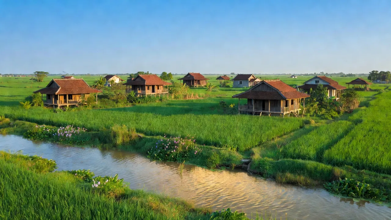 Khung cảnh huyện Thanh Bình, Đồng Tháp với dòng Tiền và cánh đồng xanh tươi.