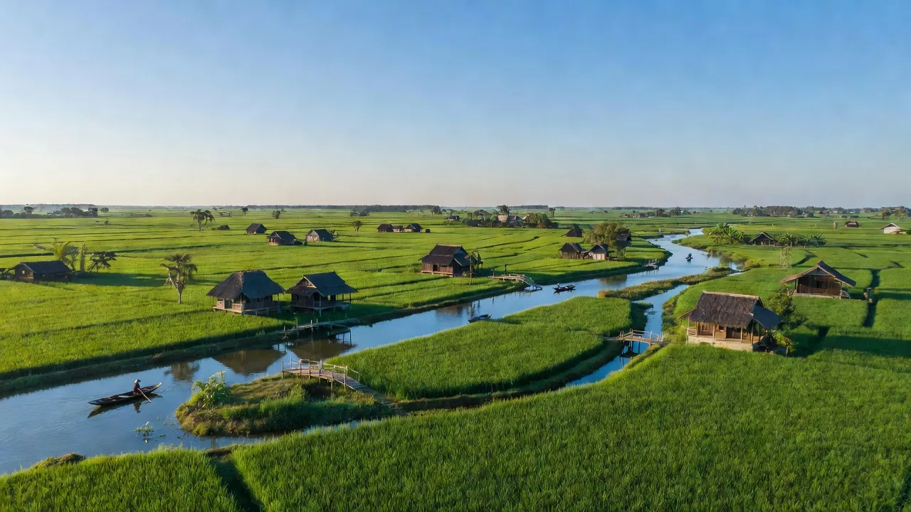 Quang cảnh xã An Phong, huyện Thanh Bình, Đồng Tháp với cánh đồng xanh và nhà truyền thống.