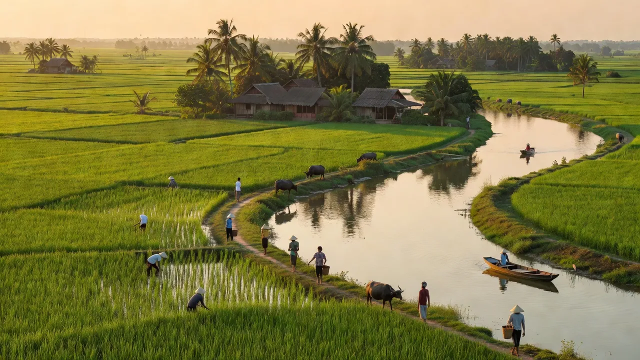 Bình Thành village in Thanh Bình district, Đồng Tháp, with rice fields and the serene Tiền River.