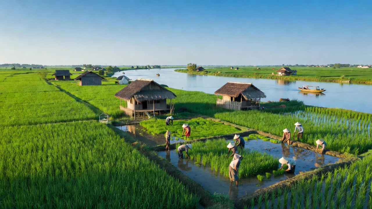 Cảnh sắc thanh bình xã Bình Thành, huyện Thanh Bình, Đồng Tháp với sông Tiền và đồng ruộng xanh.