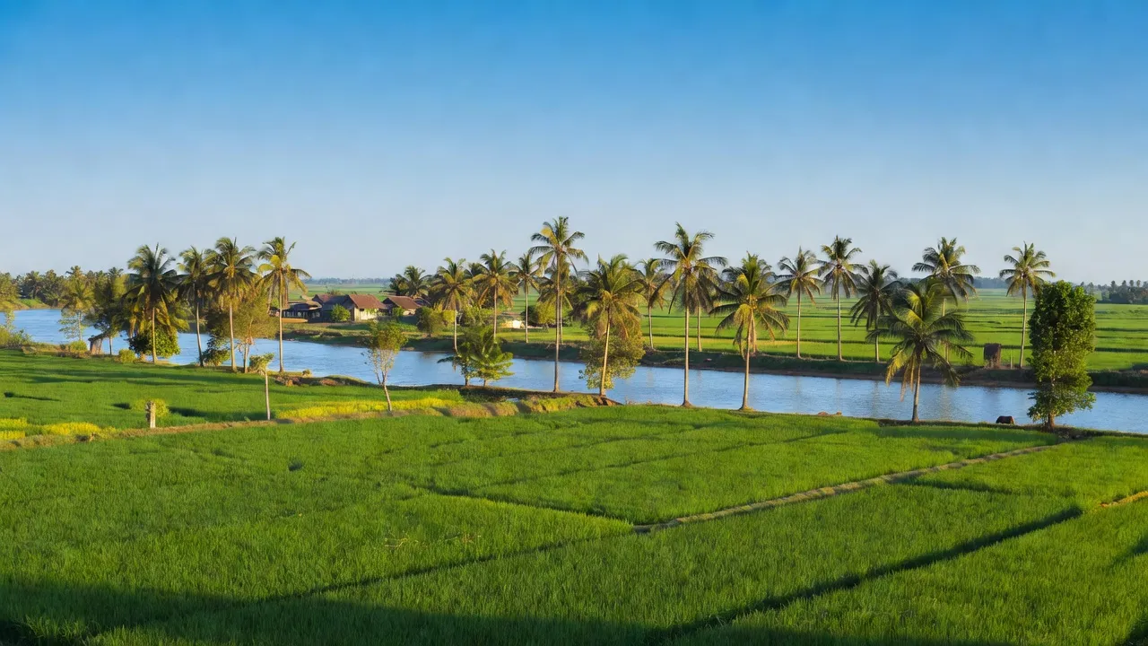 Cảnh quan nông thôn xã Phú Lợi, huyện Thanh Bình, tỉnh Đồng Tháp với ruộng lúa và dòng sông Tiền.