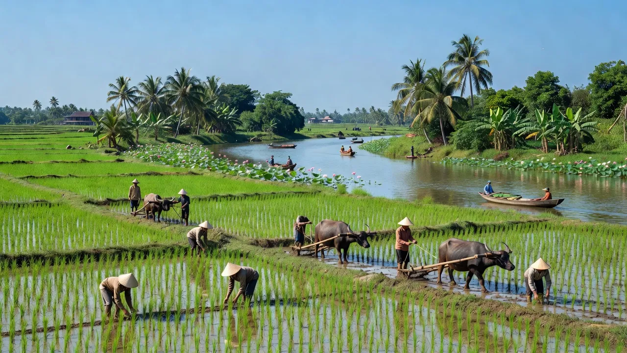 Cảnh sắc xã Phú Lợi, huyện Thanh Bình, Đồng Tháp với ruộng xanh và sông Tiền.