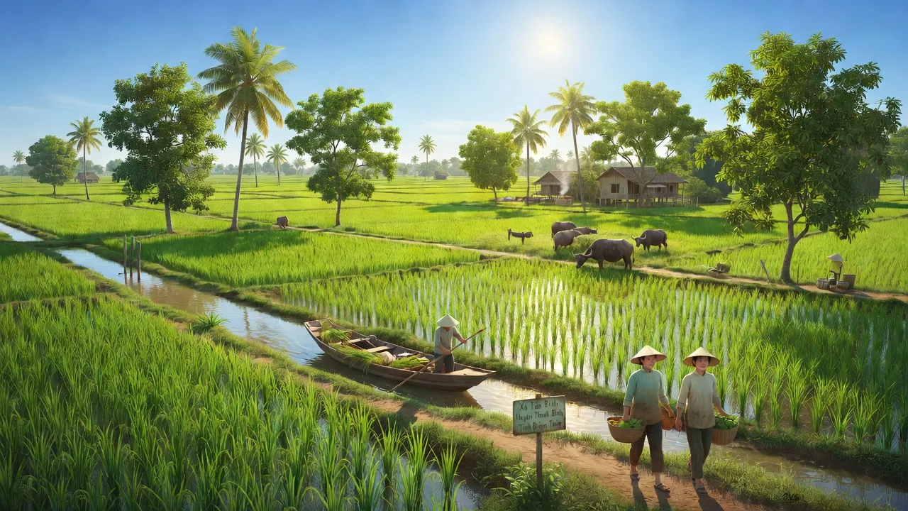 Cánh đồng xanh tươi xã Tân Bình, huyện Thanh Bình, tỉnh Đồng Tháp, với nông nghiệp phát triển và bầu trời trong xanh.