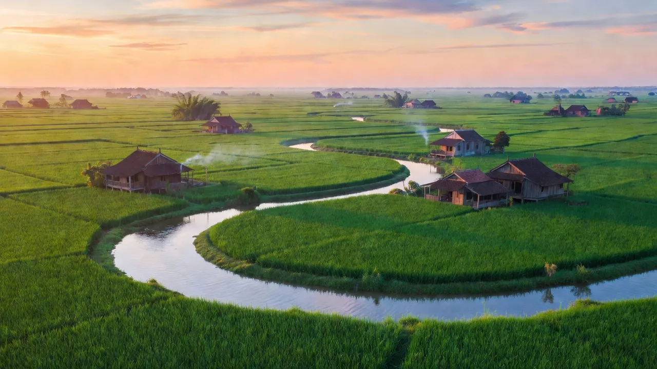 Cảnh quan xã Tân Hòa, huyện Thanh Bình, Đồng Tháp với sông nước và đồng ruộng xanh tươi.