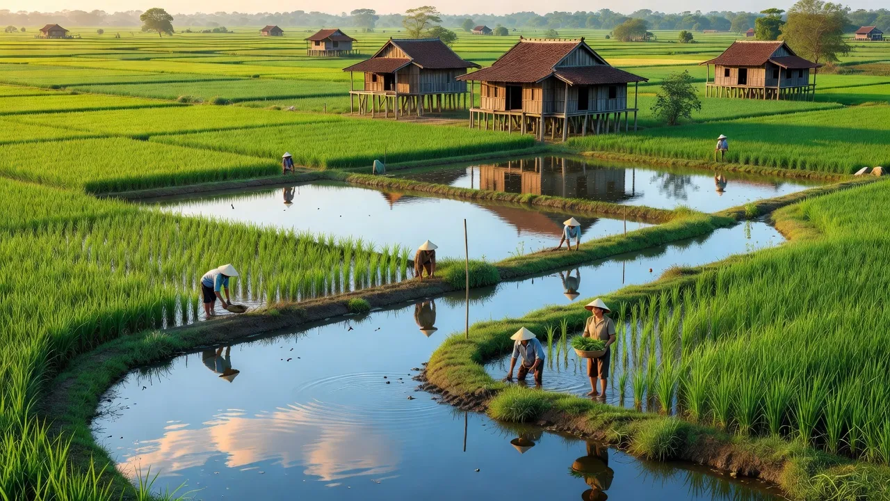 Khung cảnh Tân Huề, huyện Thanh Bình, Đồng Tháp với cánh đồng lúa và nuôi trồng thủy sản.