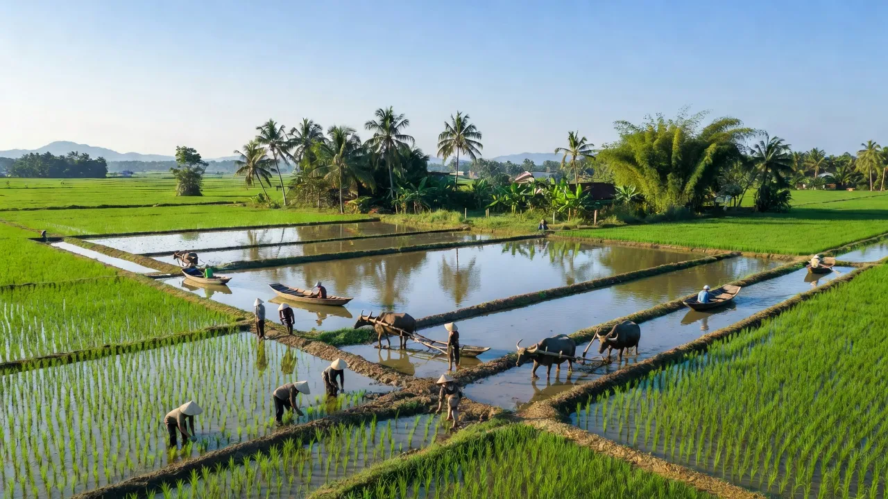 Khung cảnh yên bình xã Tân Huề, huyện Thanh Bình, tỉnh Đồng Tháp với ruộng lúa và nuôi trồng thủy sản.
