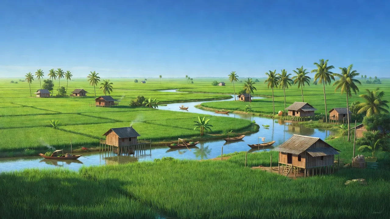 Cảnh sắc tươi đẹp xã Tân Long, huyện Thanh Bình với đồng xanh và sông nước miền Tây.