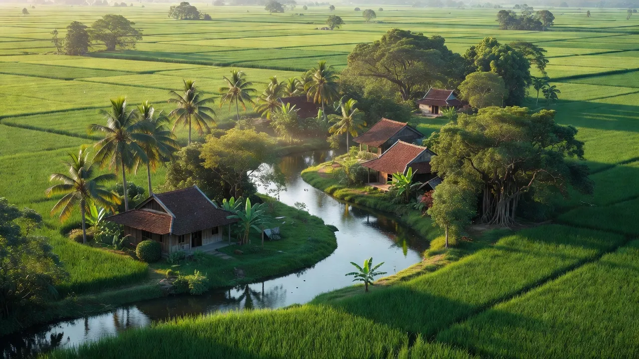 Khung cảnh xã Tân Long, huyện Thanh Bình, tỉnh Đồng Tháp, với đồng lúa và dòng sông xanh.