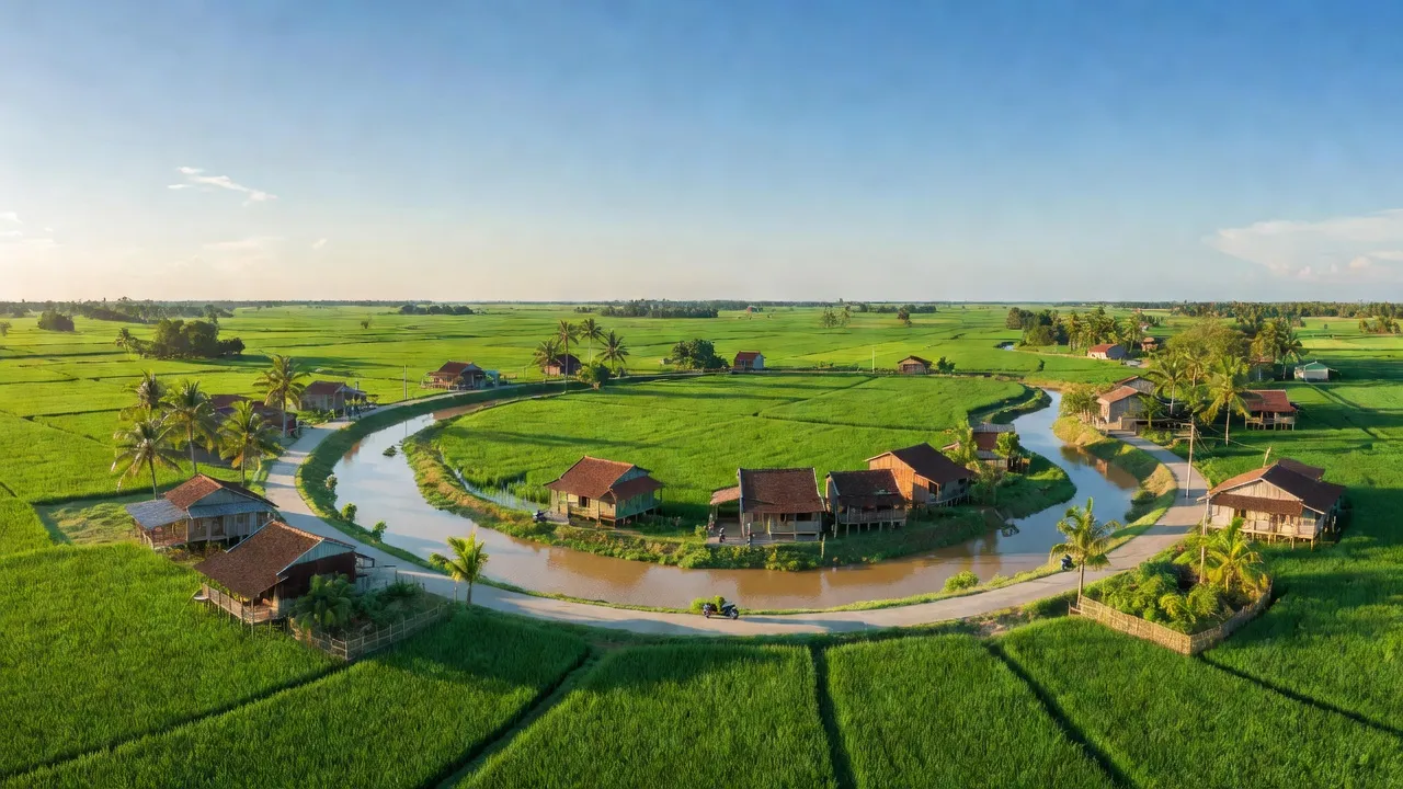 Khung cảnh đẹp tại xã Tân Mỹ, huyện Thanh Bình, tỉnh Đồng Tháp với cánh đồng xanh tươi.