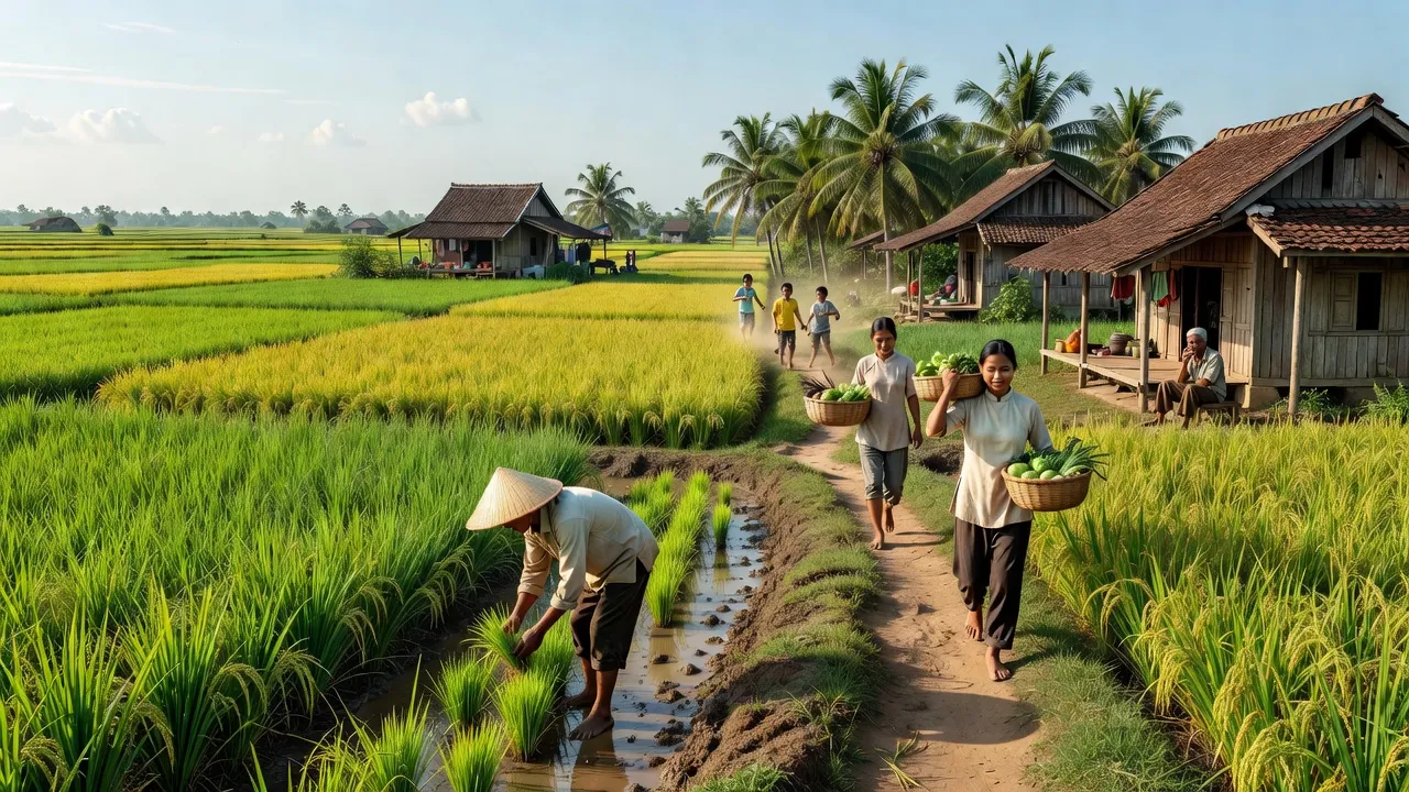 Cảnh đồng quê Tân Phú, huyện Thanh Bình, Đồng Tháp với cánh đồng lúa xanh, nhà truyền thống và người dân.