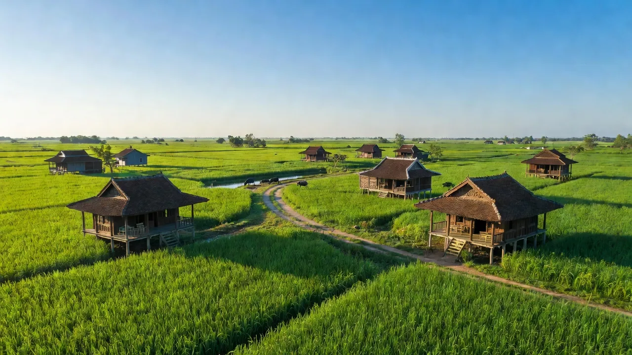 Cảnh quan xã Tân Phú, huyện Thanh Bình, tỉnh Đồng Tháp, cảnh đồng xanh và nhà truyền thống Việt Nam.