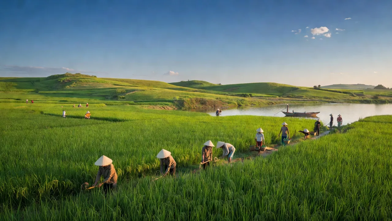 Khung cảnh thanh bình của xã Tân Quới, huyện Thanh Bình, tỉnh Đồng Tháp với cánh đồng lúa xanh tươi.
