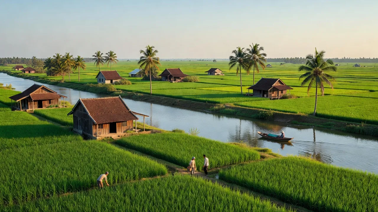 Khung cảnh xã Tân Quới, huyện Thanh Bình, tỉnh Đồng Tháp với đồng ruộng và nhà truyền thống.