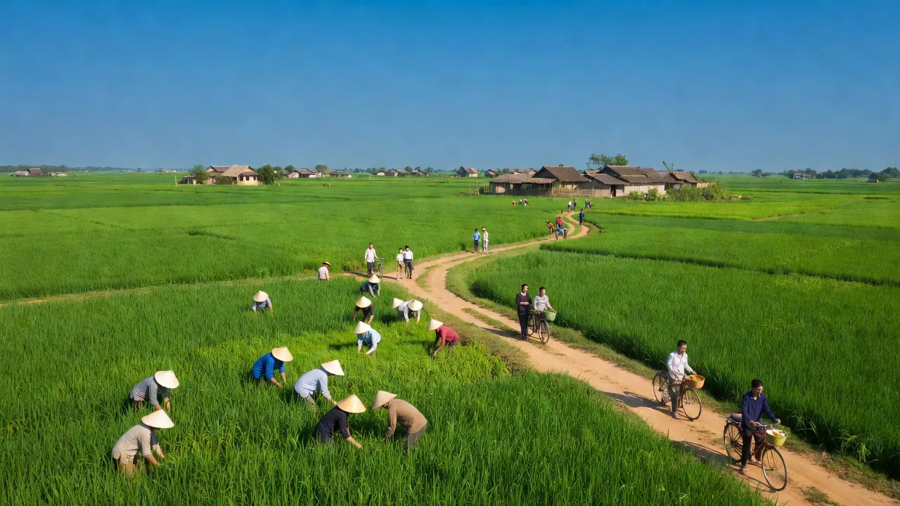 Cảnh đẹp xã Tân Thạnh, huyện Thanh Bình, Đồng Tháp, cánh đồng xanh và bầu trời trong xanh.
