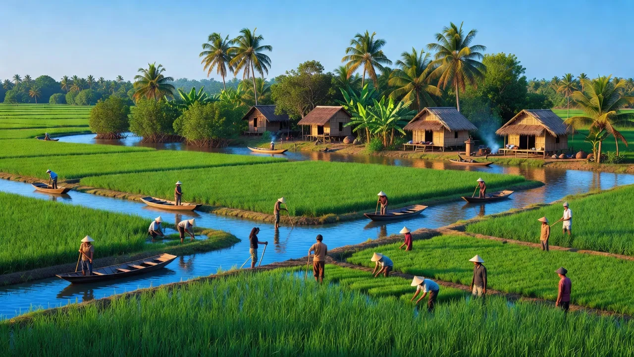 Cảnh đồng quê huyện Tháp Mười, Đồng Tháp với cánh đồng xanh và kênh nước thanh bình.