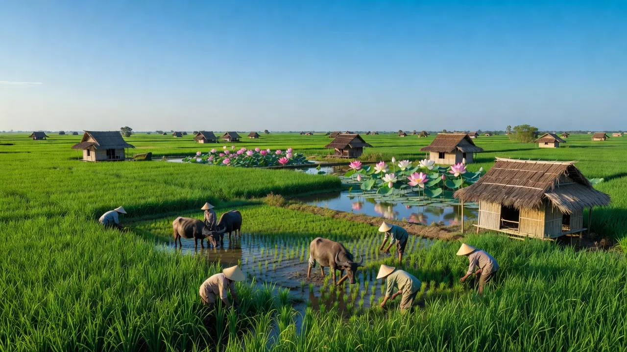 Cảnh đồng xanh huyện Tháp Mười, Đồng Tháp với nhà truyền thống và hoa sen nở, thể hiện nông nghiệp địa phương.