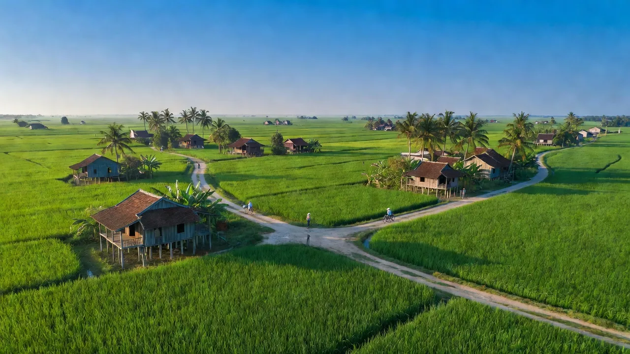 Cảnh đẹp xã Đốc Binh Kiều, huyện Tháp Mười, Đồng Tháp với ruộng xanh và nhà truyền thống.