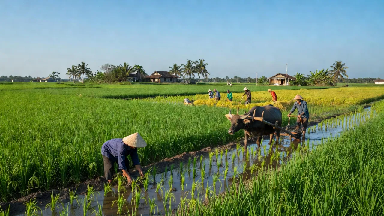 Cảnh đồng xanh tươi ở xã Đốc Binh Kiều, huyện Tháp Mười, Đồng Tháp, nền nông nghiệp yên bình.