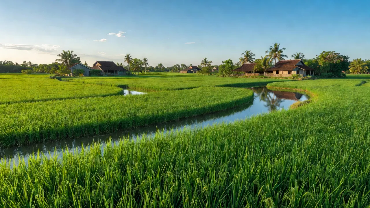 Cánh đồng xanh ở xã Hưng Thạnh, huyện Tháp Mười, tỉnh Đồng Tháp, nổi bật khung cảnh nông nghiệp miền Tây.