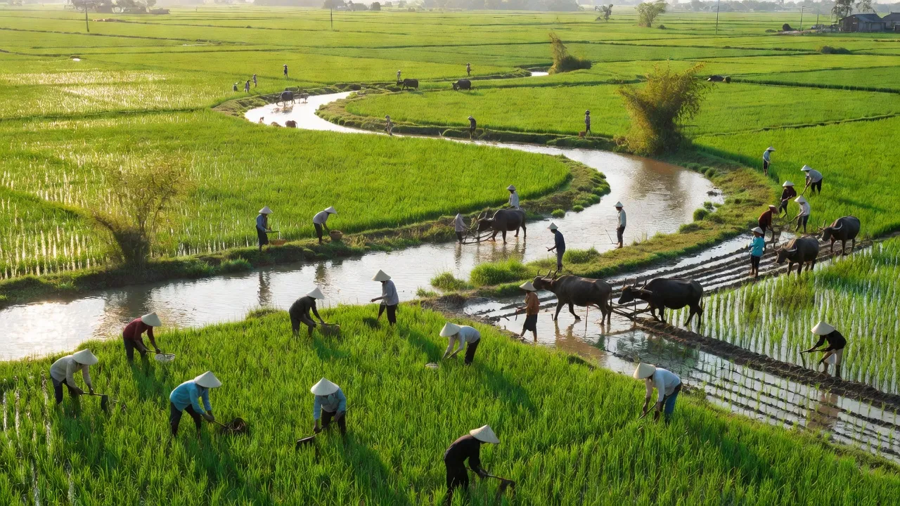 Cảnh nông nghiệp xanh tươi ở xã Hưng Thạnh, Tháp Mười, Đồng Tháp với ruộng đồng và sông.