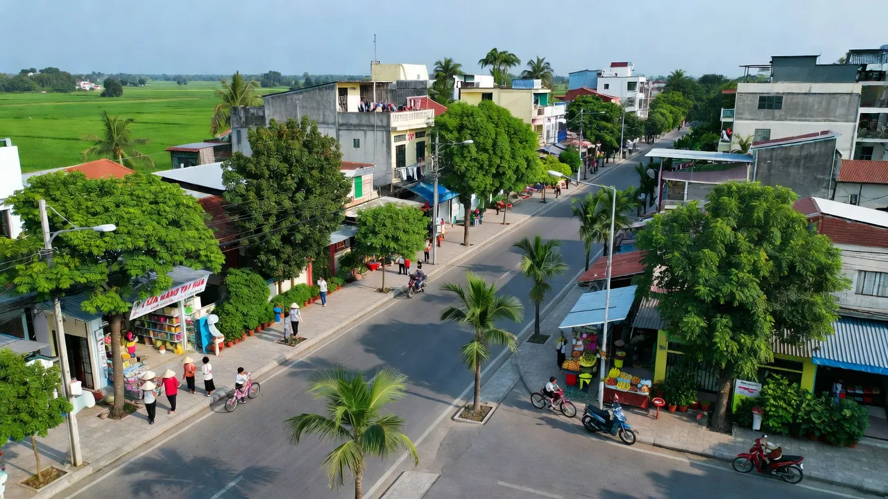 Khung cảnh thị trấn Mỹ An, huyện Tháp Mười, tỉnh Đồng Tháp với đường phố xanh tươi và cuộc sống nhộn nhịp.
