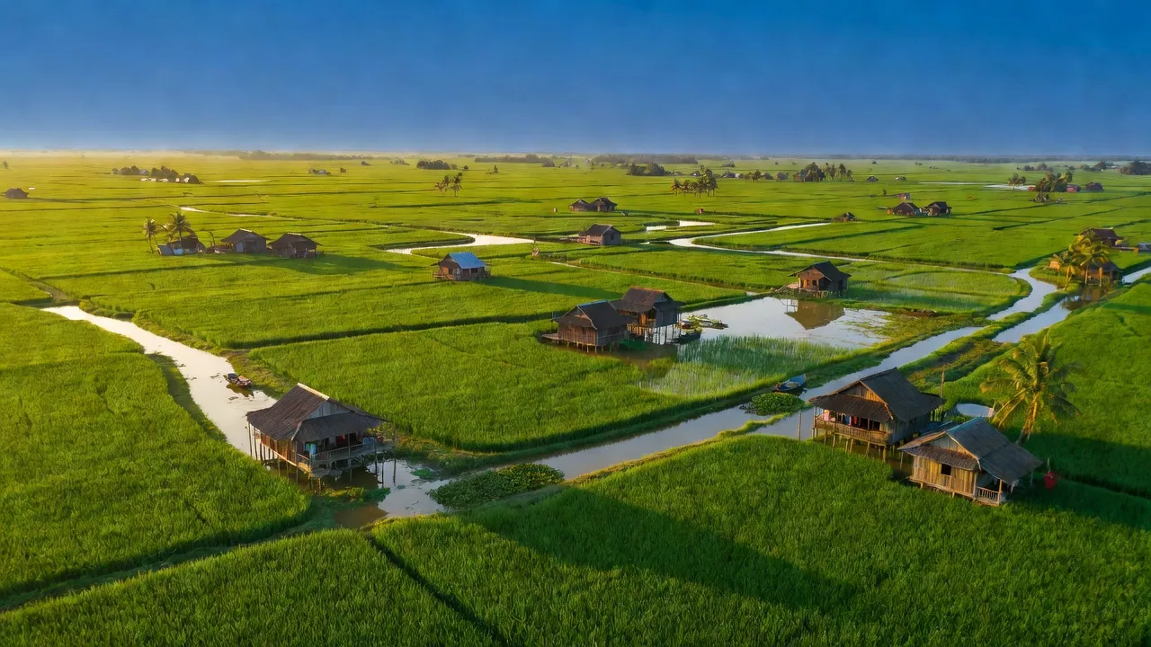 Cảnh nông thôn ở xã Mỹ Hòa, huyện Tháp Mười, với cánh đồng và kênh rạch vùng Đồng bằng sông Cửu Long.