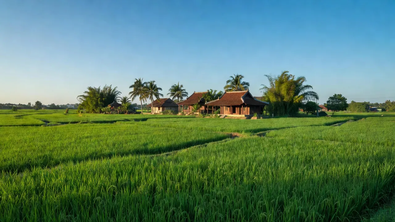 Cánh đồng lúa xanh tươi tại xã Mỹ Quý, huyện Tháp Mười, tỉnh Đồng Tháp, với trời xanh đẹp.