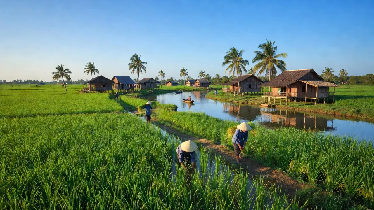 Bức tranh nông thôn Thạnh Lợi, Tháp Mười với cánh đồng xanh và nhà truyền thống.