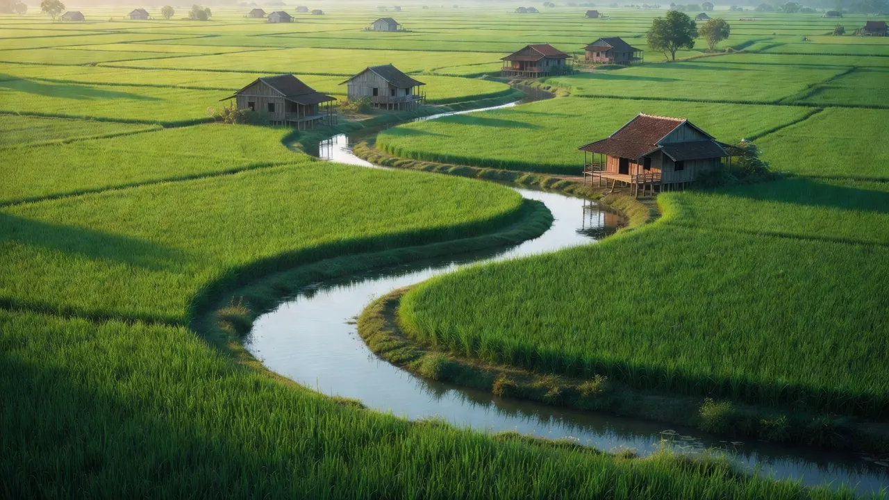Cảnh đồng quê xã Thanh Mỹ, huyện Tháp Mười, Đồng Tháp với cánh đồng xanh mát, sinh động.