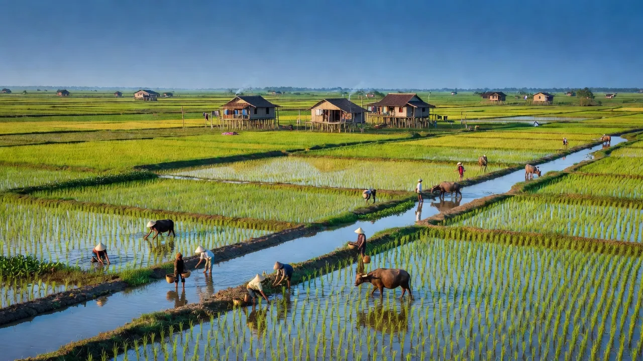 Khung cảnh nông thôn xã Trường Xuân, huyện Tháp Mười, Đồng Tháp với ruộng lúa và kênh rạch.