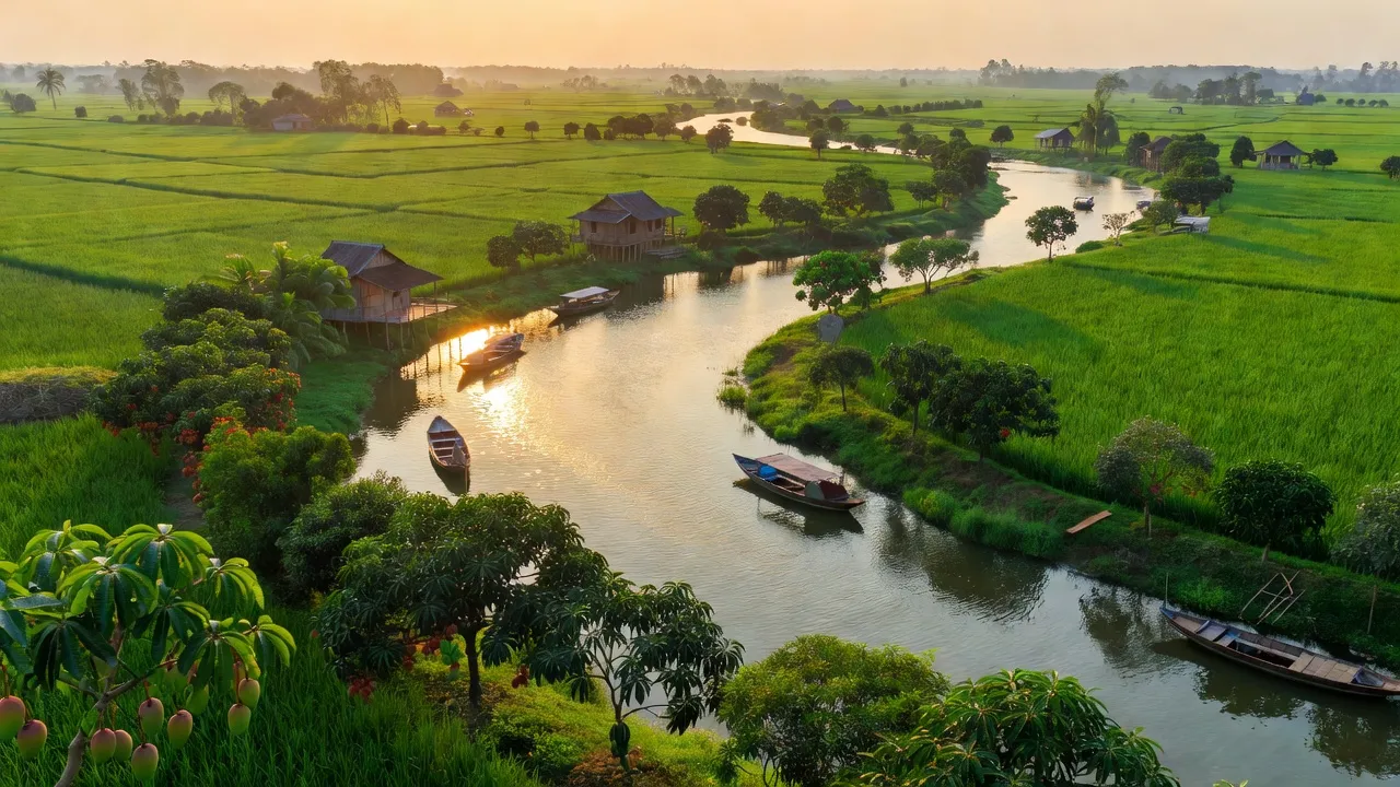 Cảnh quan tỉnh Đồng Tháp với sông nước, vườn cây ăn trái và đồng xanh mướt, miền Tây Việt Nam.