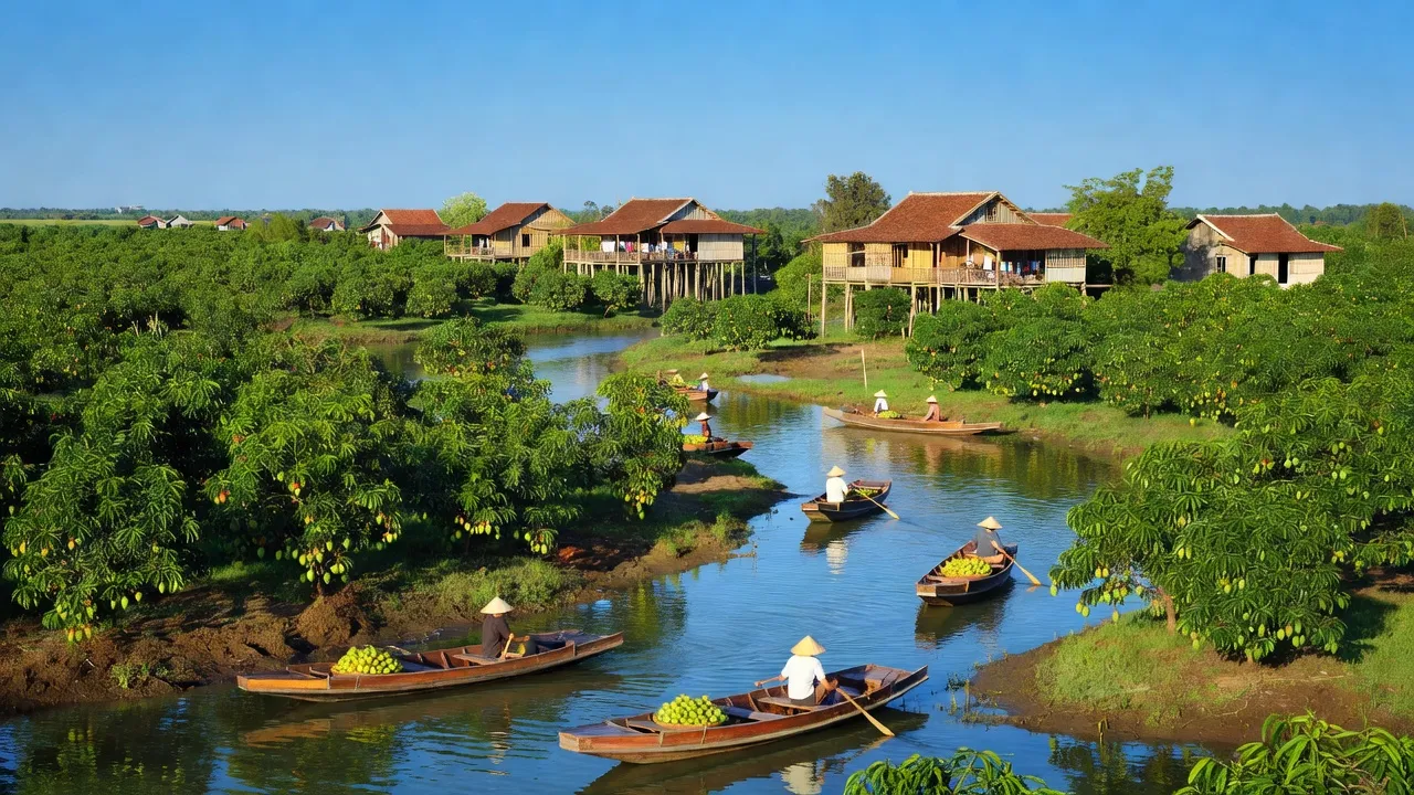 Cảnh quan tỉnh Đồng Tháp với vườn cây ăn trái, sông nước và kiến trúc truyền thống, vùng Đồng bằng sông Cửu Long.
