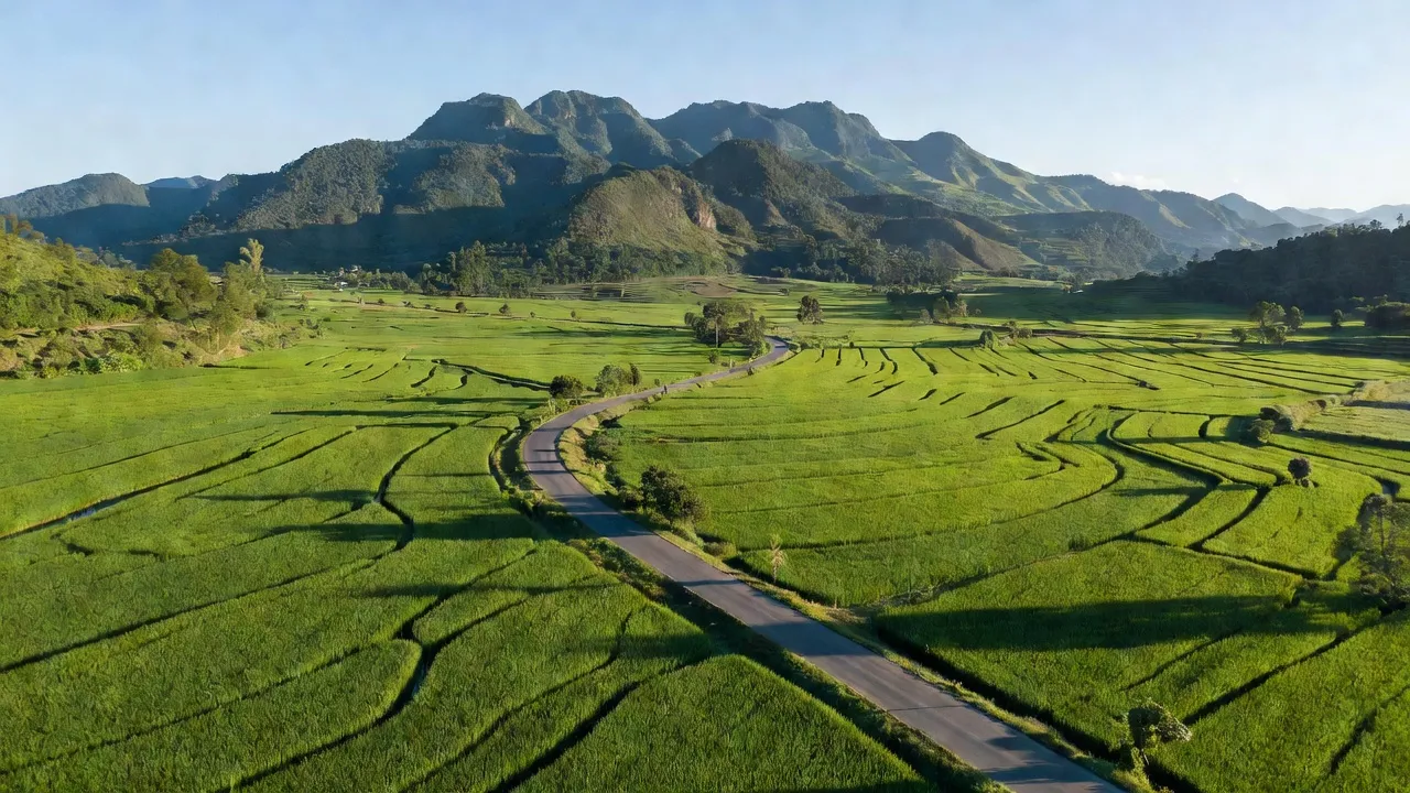 Cảnh đẹp xã Cửu An, Thị xã An Khê, tỉnh Gia Lai với cánh đồng và núi non xanh tươi.