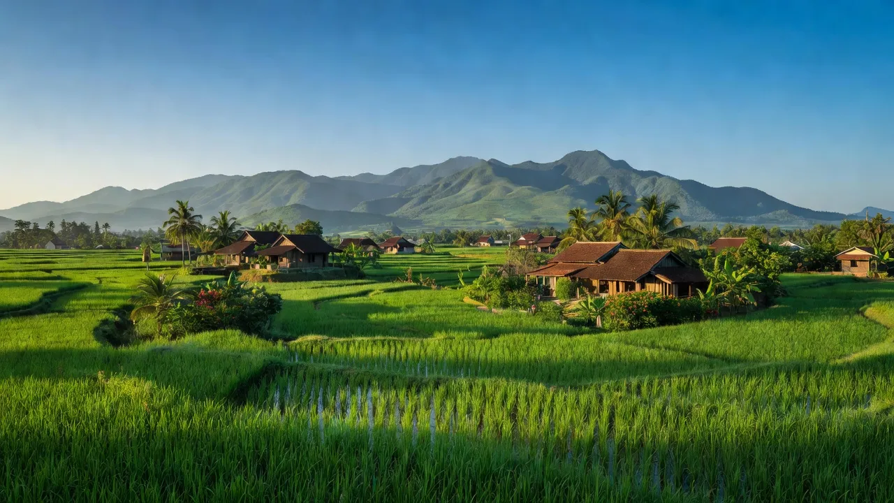 Cảnh quan Xã Song An, Thị xã An Khê, tỉnh Gia Lai với ruộng lúa xanh mát và nhà truyền thống.