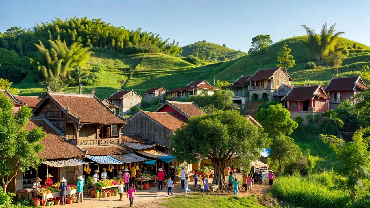 Cảnh đẹp Phường Tây Sơn, Thị xã An Khê, Tỉnh Gia Lai với đồi xanh và kiến trúc truyền thống.
