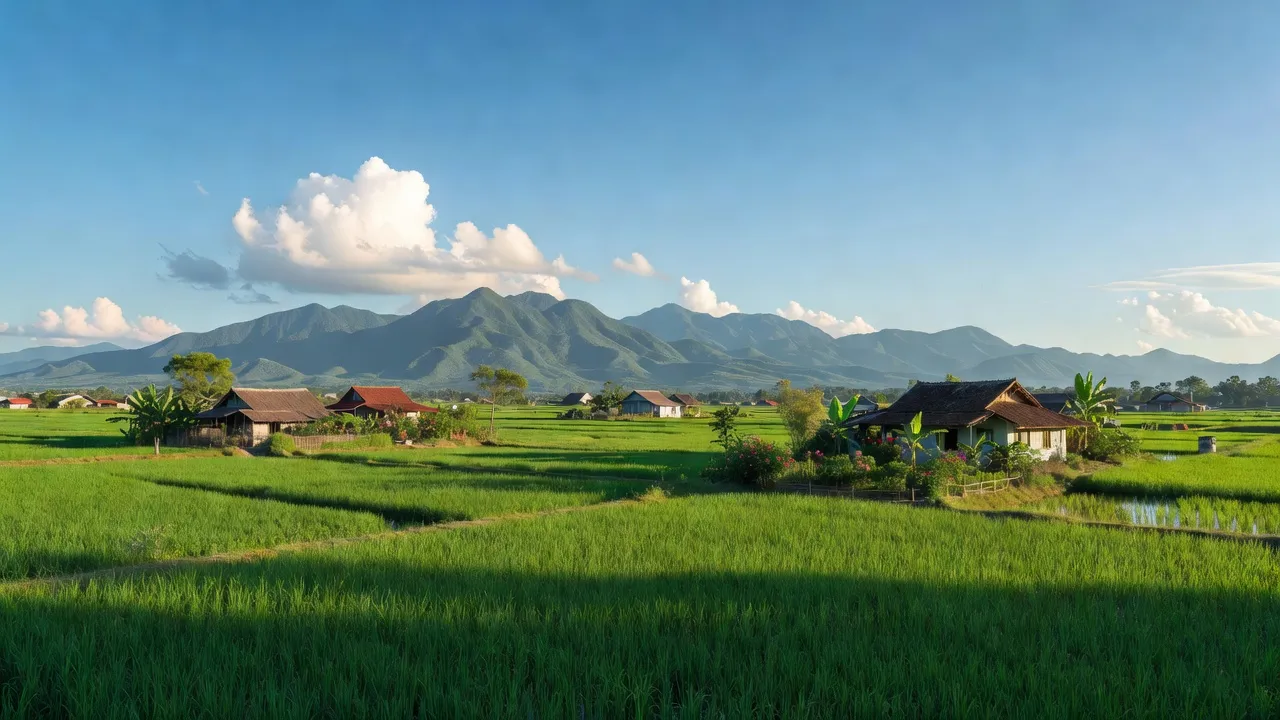 Cảnh quan xã Thành An, Thị xã An Khê, tỉnh Gia Lai với cánh đồng xanh và núi ở xa.