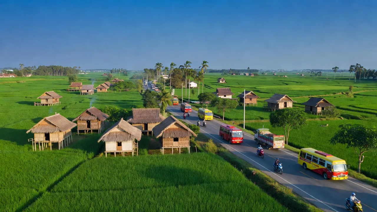 Phong cảnh xã Tú An, Thị xã An Khê, Gia Lai với đường Quốc lộ 19 và những cánh đồng xanh.
