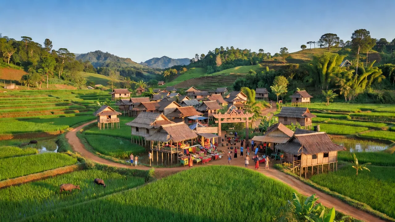 Cảnh quan thị xã Ayun Pa, Gia Lai với đồng cỏ xanh và nhà truyền thống, thể hiện văn hóa địa phương.