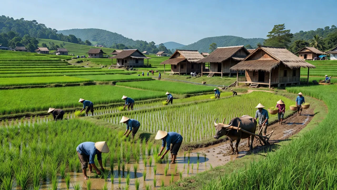 Cảnh sắc xã Chư Băh, Thị xã Ayun Pa, Gia Lai với đồng lúa xanh và nhà truyền thống.