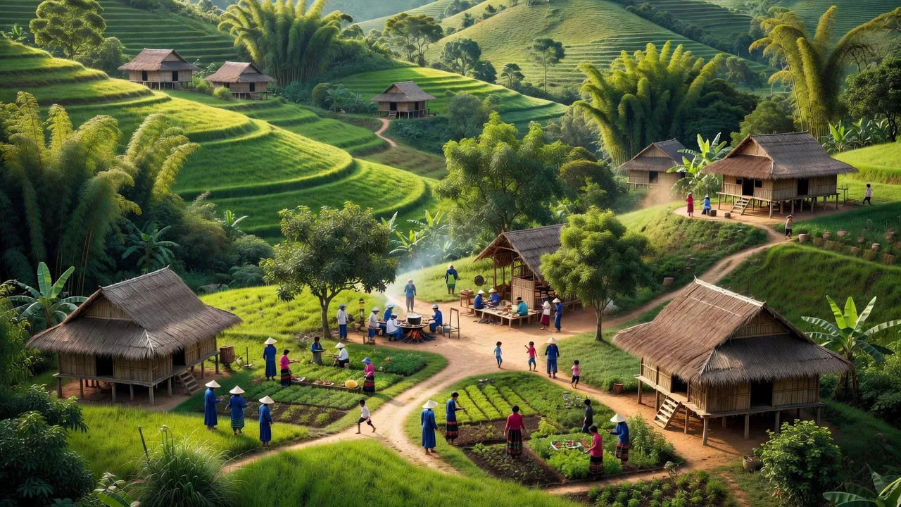 Cảnh đẹp xã Ia Sao, thị xã Ayun Pa, tỉnh Gia Lai với đồi xanh và nhà truyền thống.
