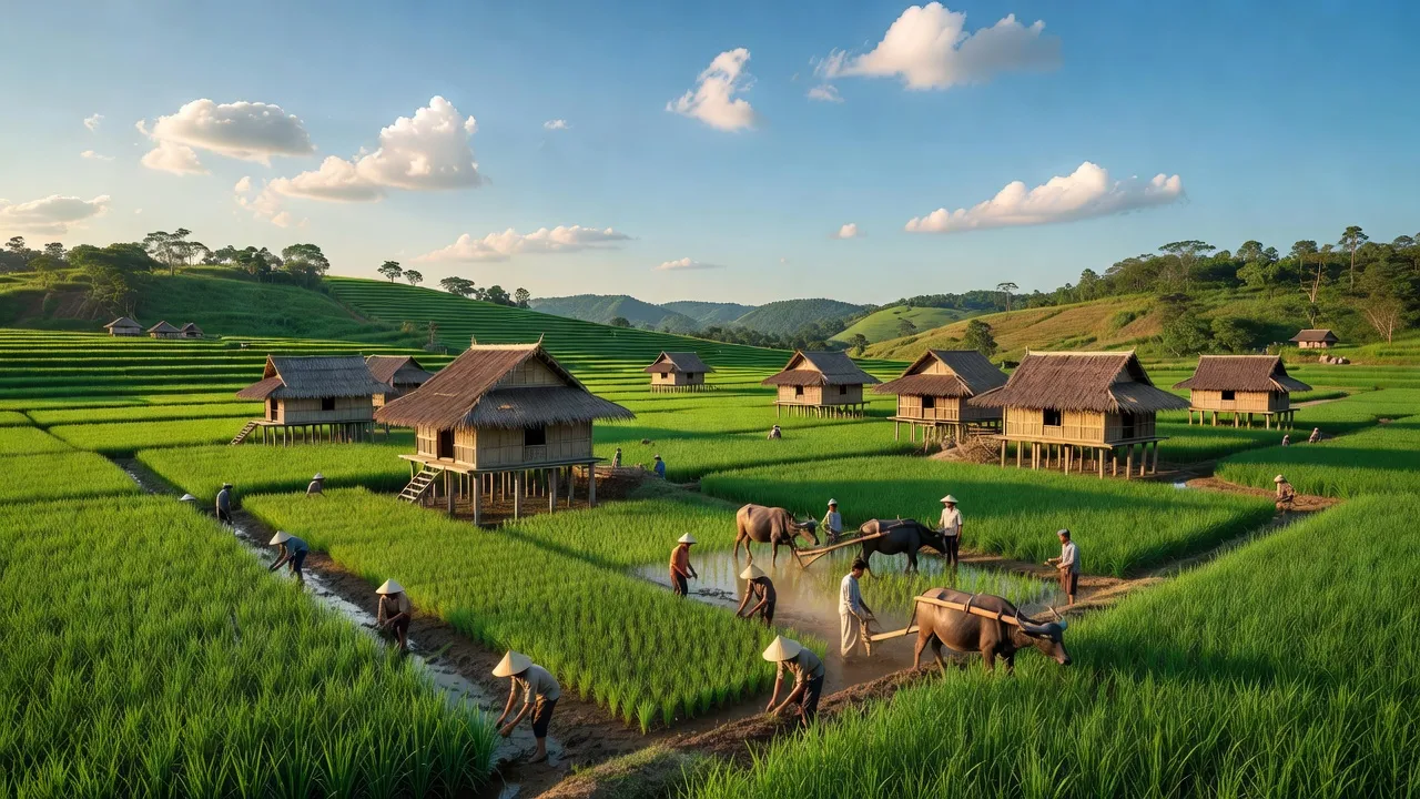 Cảnh quan huyện Chư Păh ở Gia Lai với cánh đồng xanh tươi, nhà truyền thống, và cuộc sống nông dân.