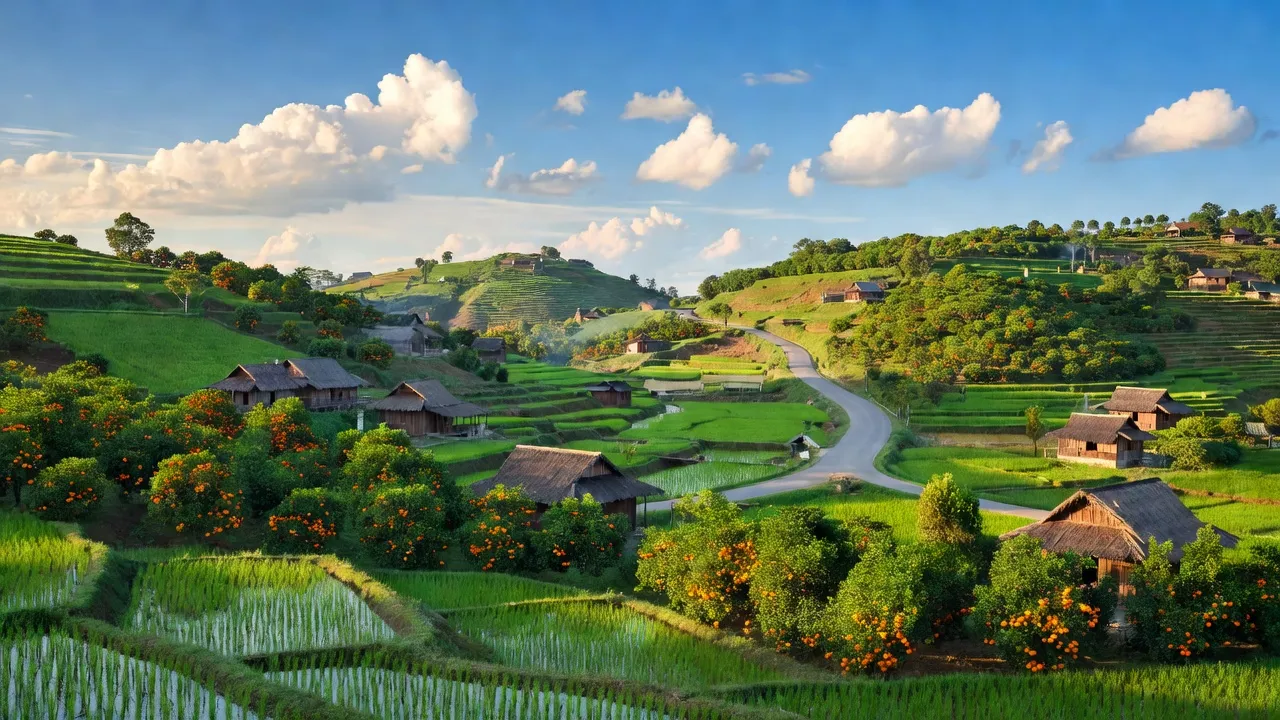 Khung cảnh miền quê Chư Păh, Gia Lai với ruộng bậc thang và nhà truyền thống, thể hiện thiên nhiên tươi đẹp.