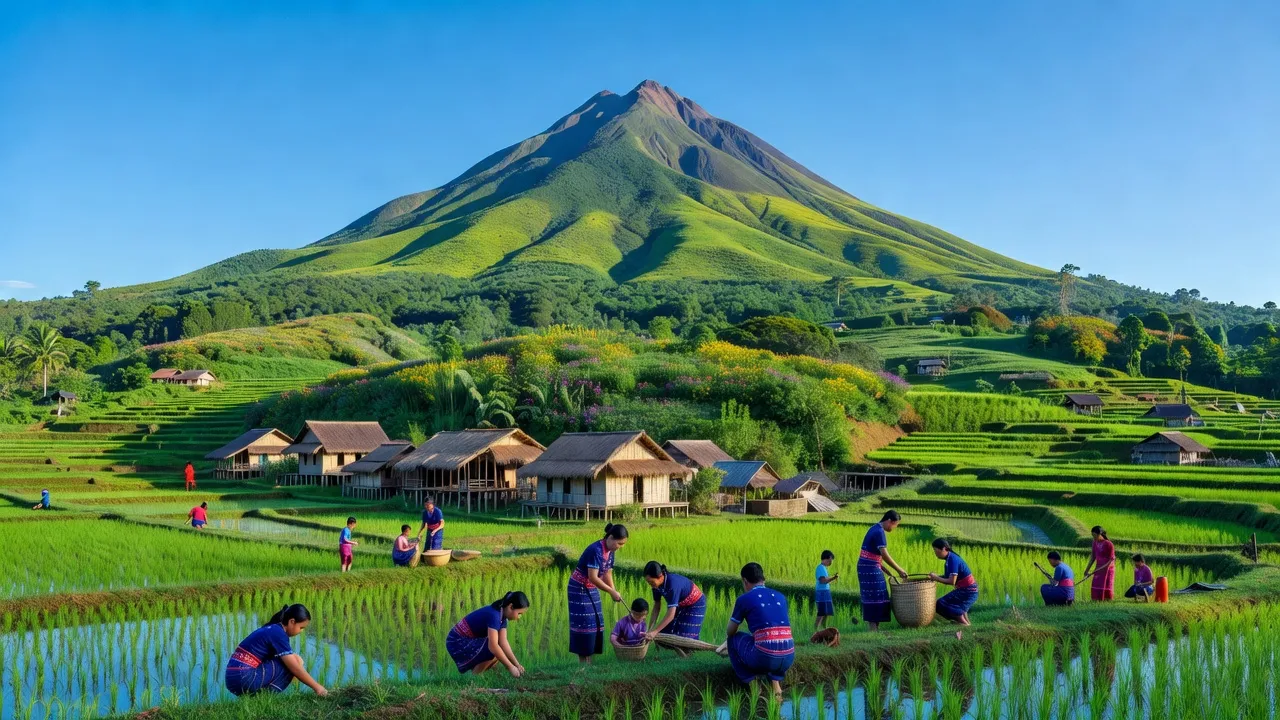 Khung cảnh xã Chư Đăng Ya, huyện Chư Păh, núi lửa và thiên nhiên xanh mát, Việt Nam.