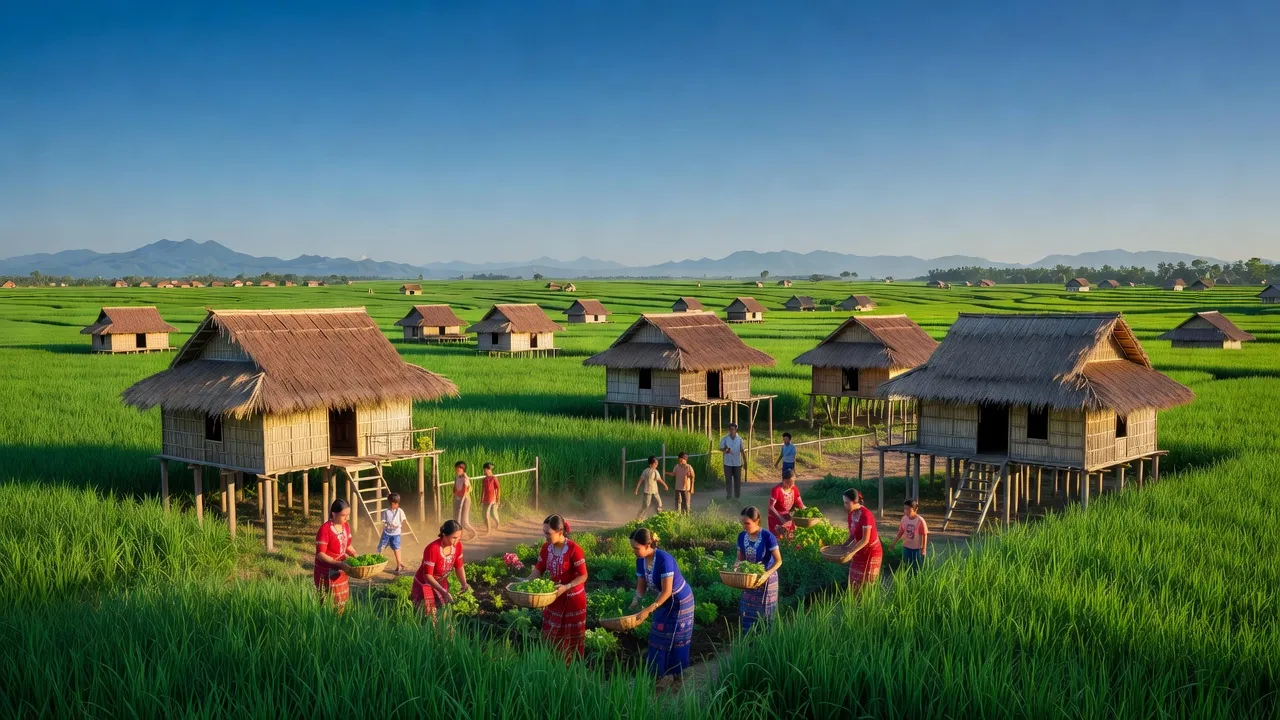 Cảnh đẹp xã Hà Tây, huyện Chư Păh, tỉnh Gia Lai với nhà sàn Bahnar và đồng xanh.