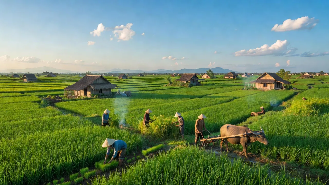 Cảnh quan xã Hòa Phú, huyện Chư Păh, tỉnh Gia Lai với cánh đồng xanh và nhà dân.