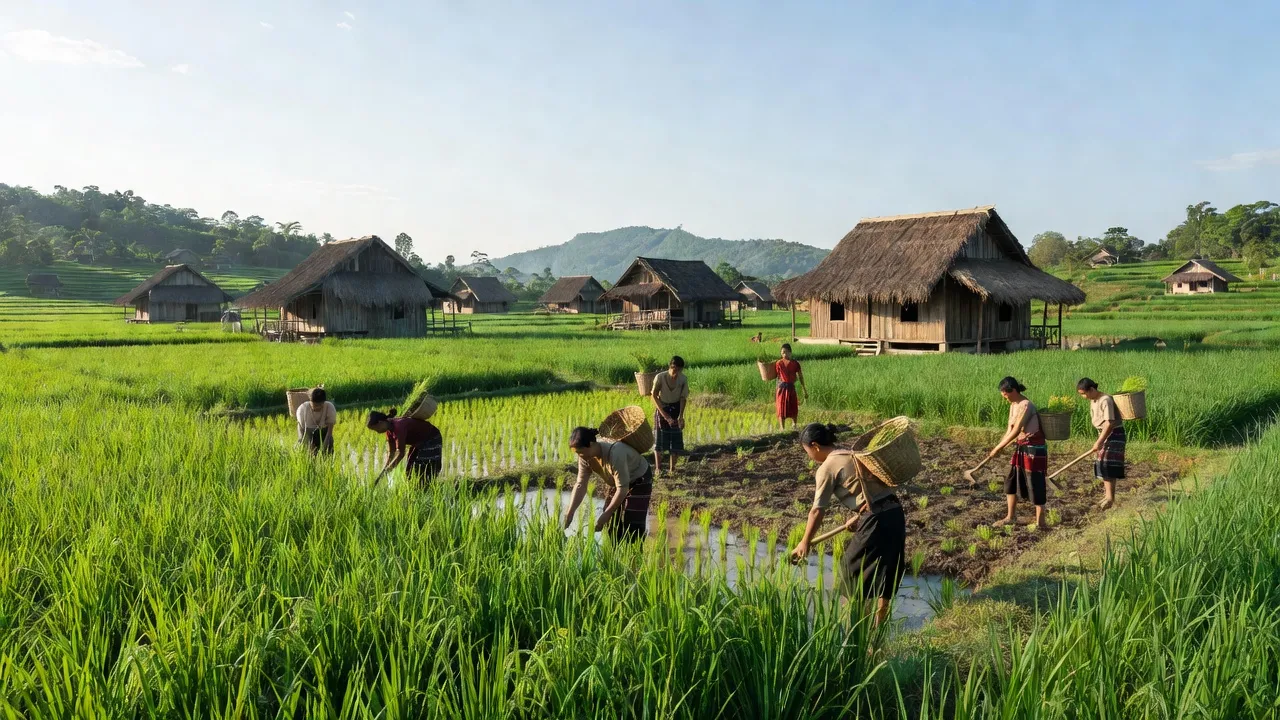 Cảnh đẹp xã Ia Ka, huyện Chư Păh, tỉnh Gia Lai với đồng ruộng xanh tươi và nhà truyền thống.