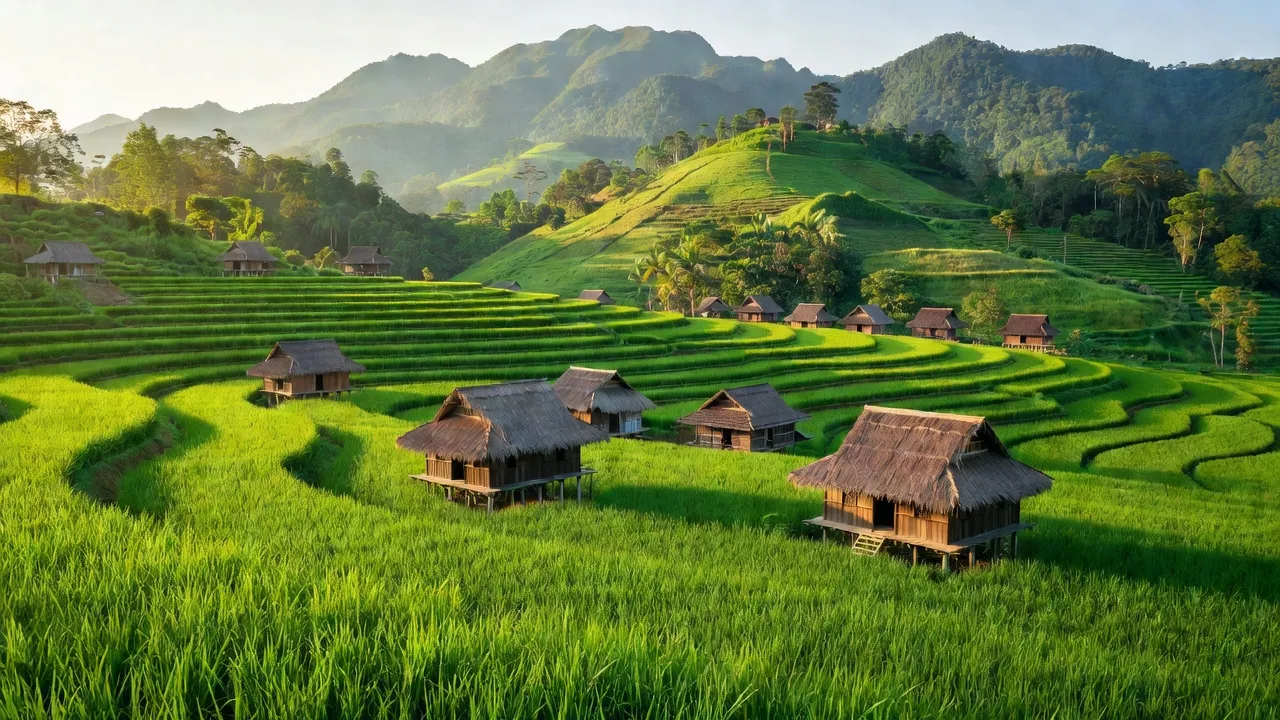 Cảnh quan xã Ia Ka, huyện Chư Păh, Gia Lai với ruộng nương và nhà dân tộc thiểu số.